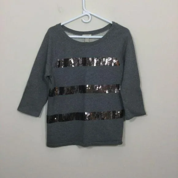 Ann Taylor LOFT Size M Gray Black Sequence 3/4 Sleeve Sweatshirt - Picture 1 of 4